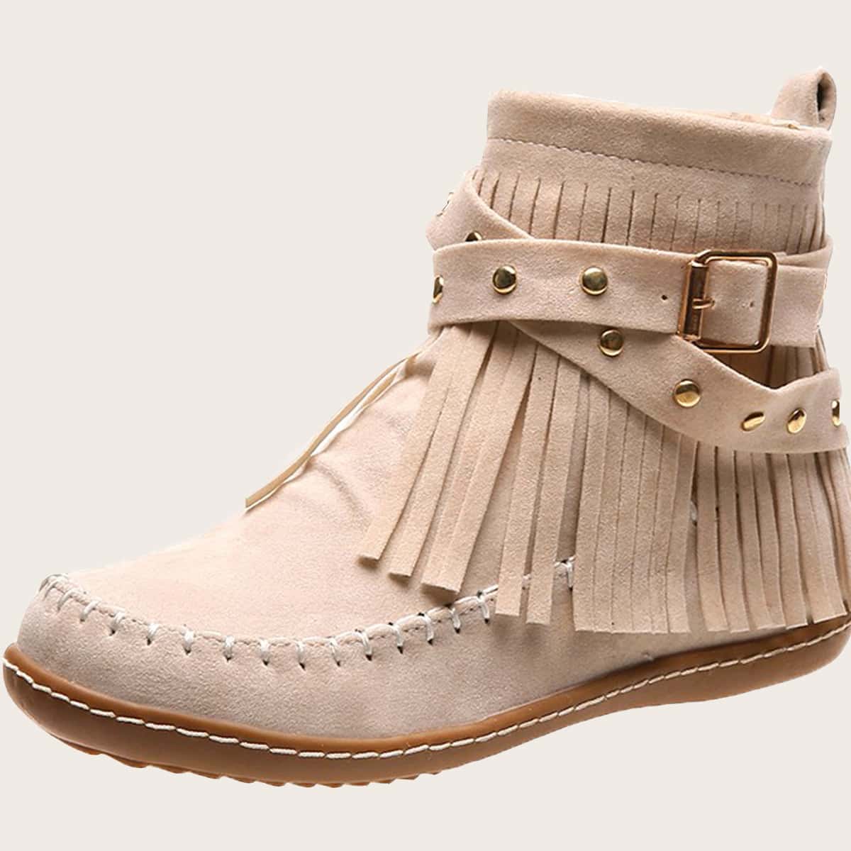 

Tassel & Buckle Decor Ankle Boots, Beige