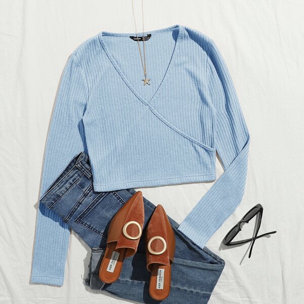 

Surplice Neck Solid Crop Tee, Pastel baby blue
