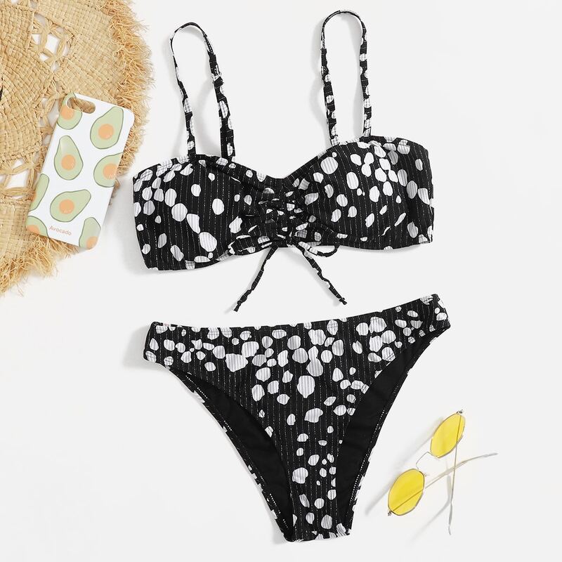 

Allover Print Ruched Bikini Swimsuit, Black and white