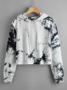 SHEIN Drop Shoulder Tie Dye Hoodie - Black and White - View 1