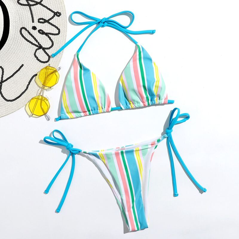 

Vertical Striped Triangle Tie Side Bikini Swimsuit, Multicolor