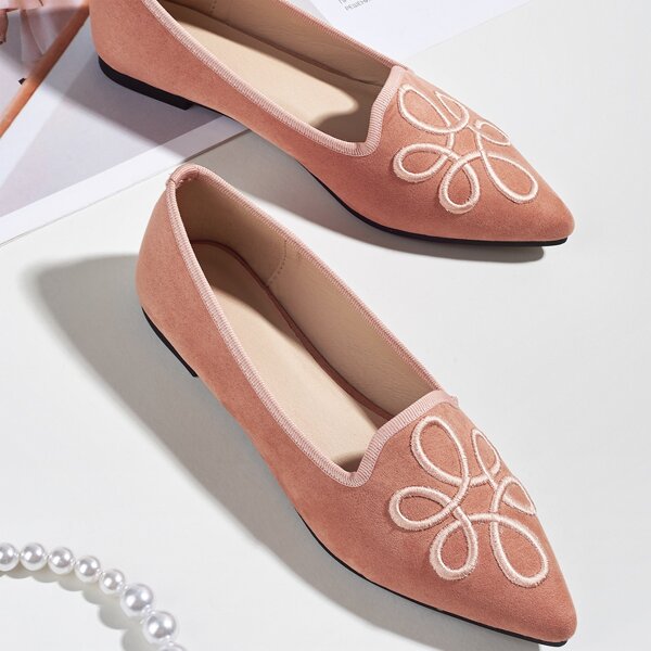 

Point Toe Embroidered Flat Loafers, Pink