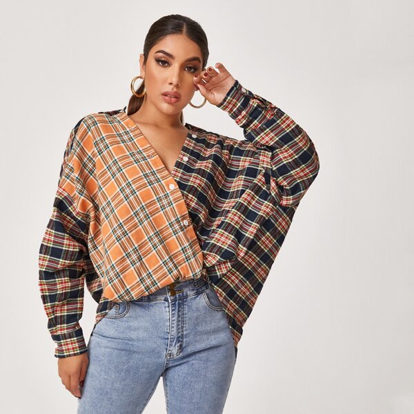 

Collared Spliced Tartan Blouse, Multicolor