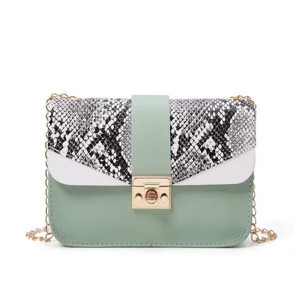 

Snakeskin Print Twist Lock Chain Bag, Green