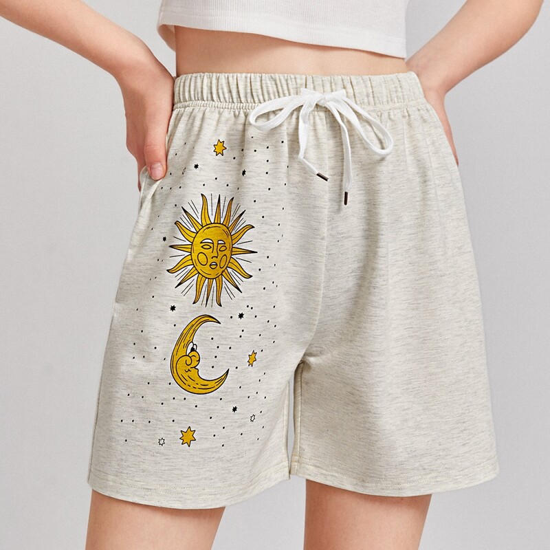 

Sun & Moon Graphic Drawstring Shorts, Light grey