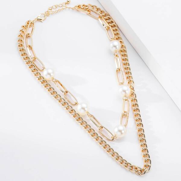 

Faux Pearl Decor Layered Chain Necklace, Gold