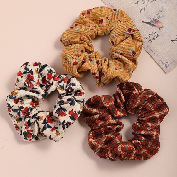 

3pcs Flower Pattern Scrunchie, Multicolor