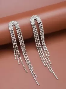 Rhinestone Tassel Drop Earrings - Silver - View 1