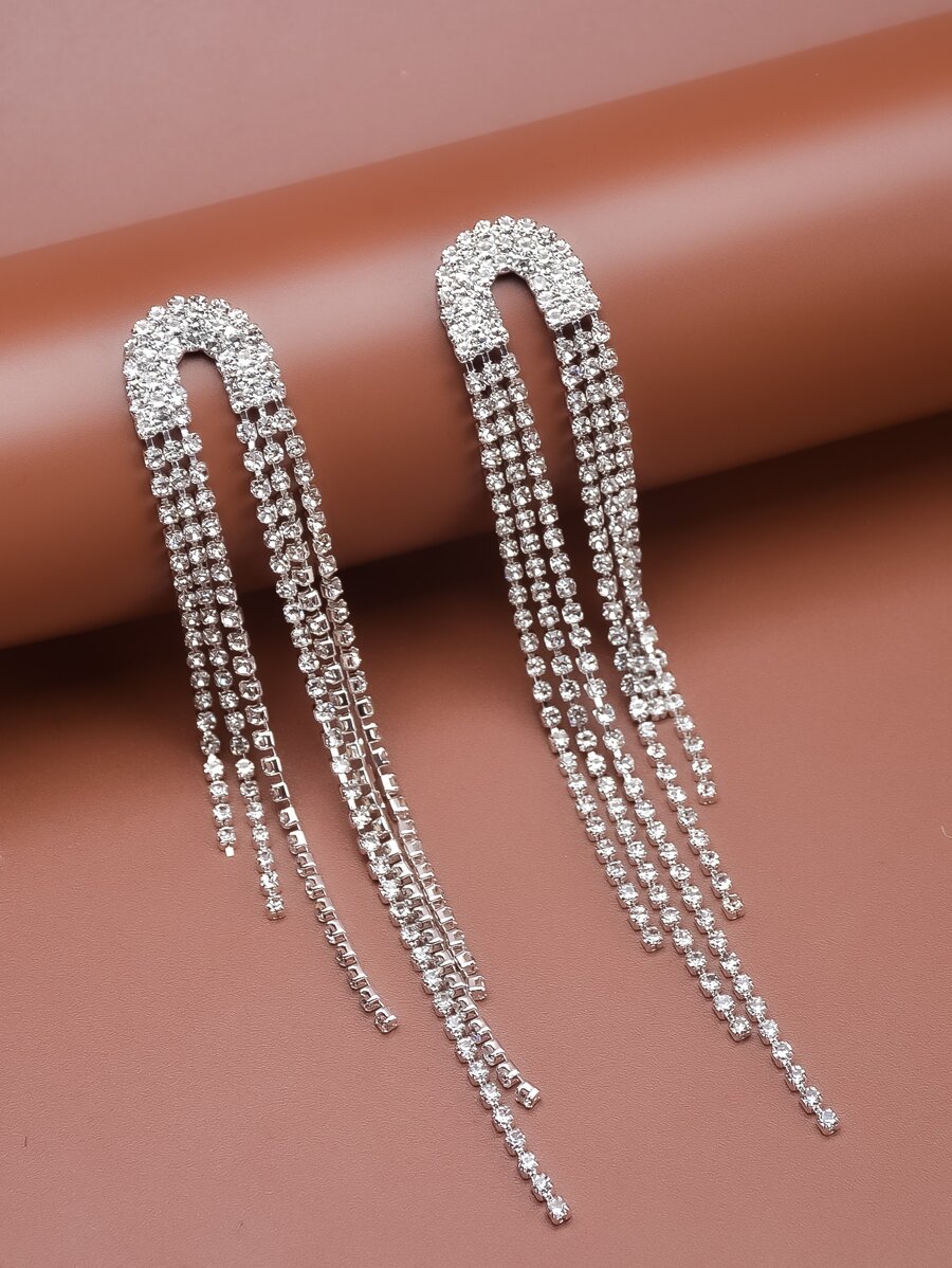 Rhinestone Tassel Drop Earrings - Silver - View 1