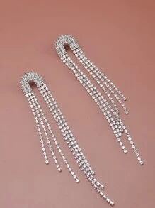 Rhinestone Tassel Drop Earrings - Silver - View 4