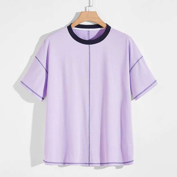 

Men Contrast Binding Drop Shoulder Tee, Lilac purple