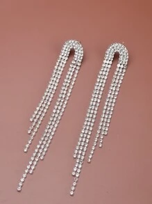 Rhinestone Tassel Drop Earrings - Silver - View 6
