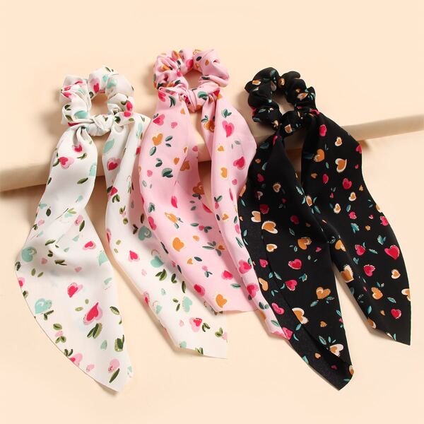

3pcs Heart Pattern Scrunchie Scarf, Multicolor