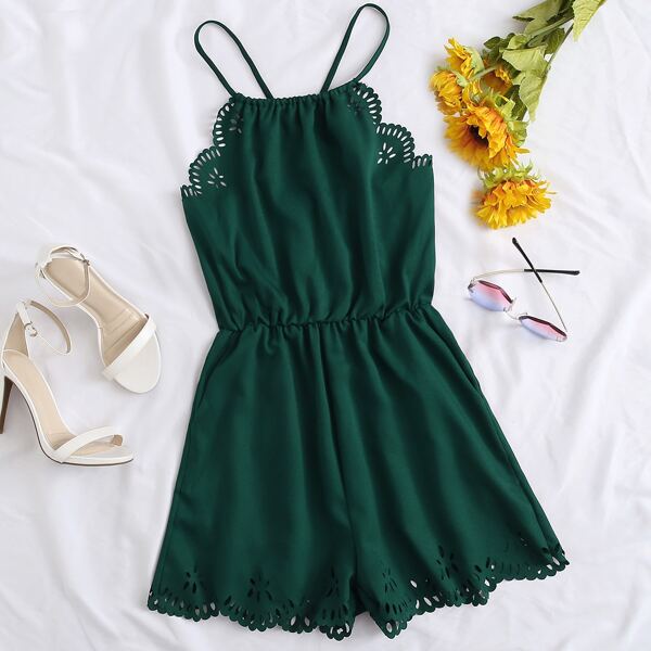 

Scallop Edge Laser Cut Crisscross Back Cami Romper, Dark green