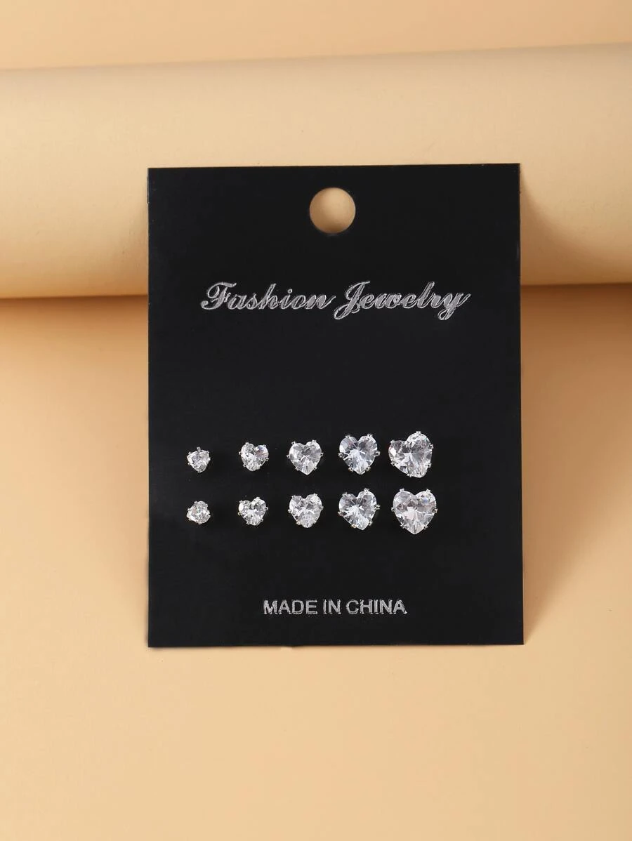 5對心形設計耳釘 - 無色 - 查看 1