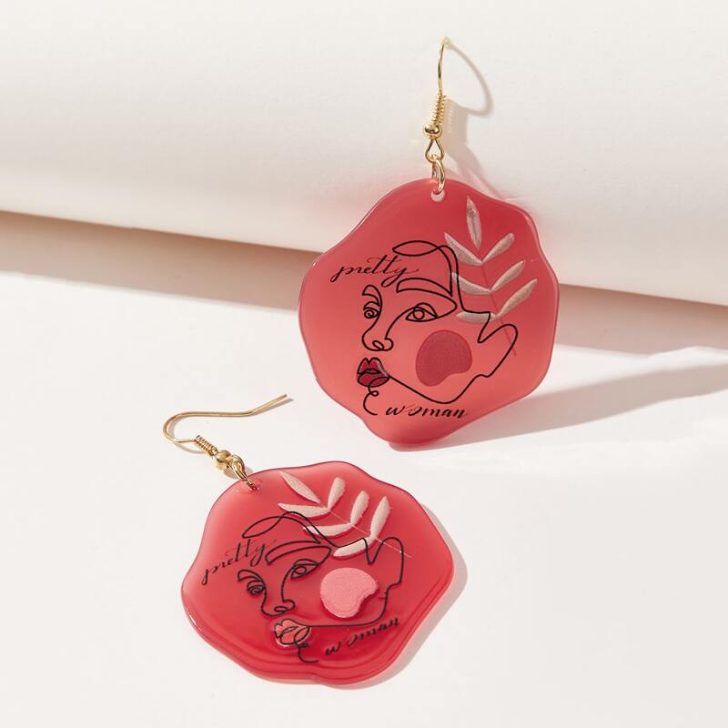 

Face & Leaf Pattern Drop Earrings, Gold