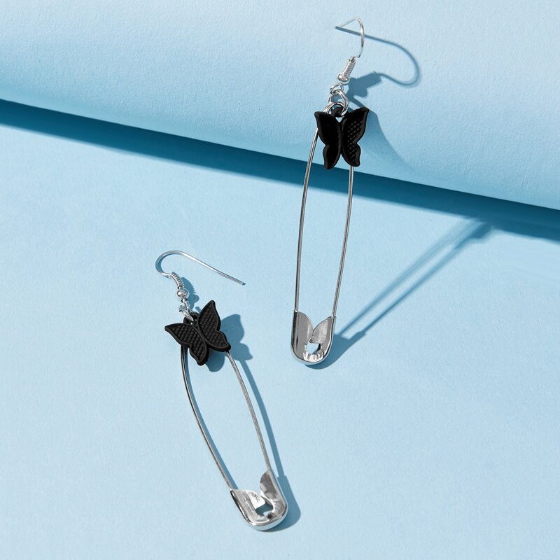 

Butterfly & Safety Pin Drop Earrings, Silver