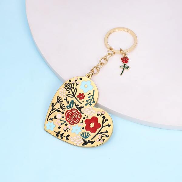 

Flower Design Heart Charm Keychain, Gold