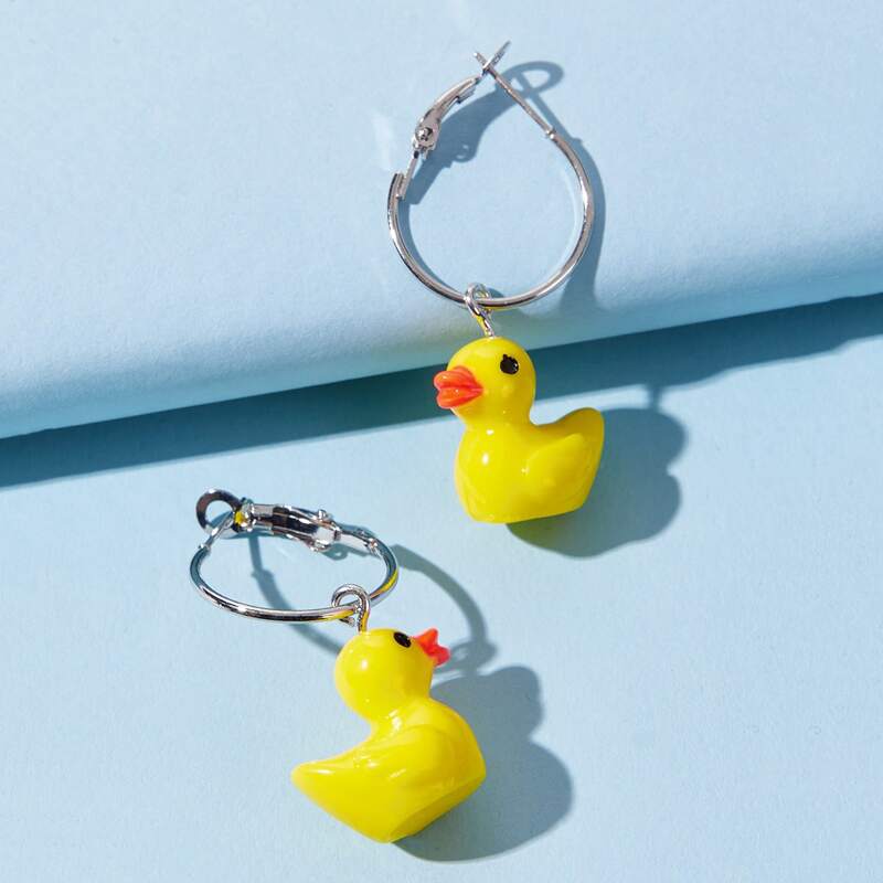 

Cartoon Duck Hoop Earrings, Silver