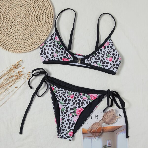 

Floral & Leopard Tie Side Bikini Swimsuit, Multicolor