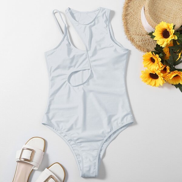

Plain Cut-out One Piece Swimsuit, White