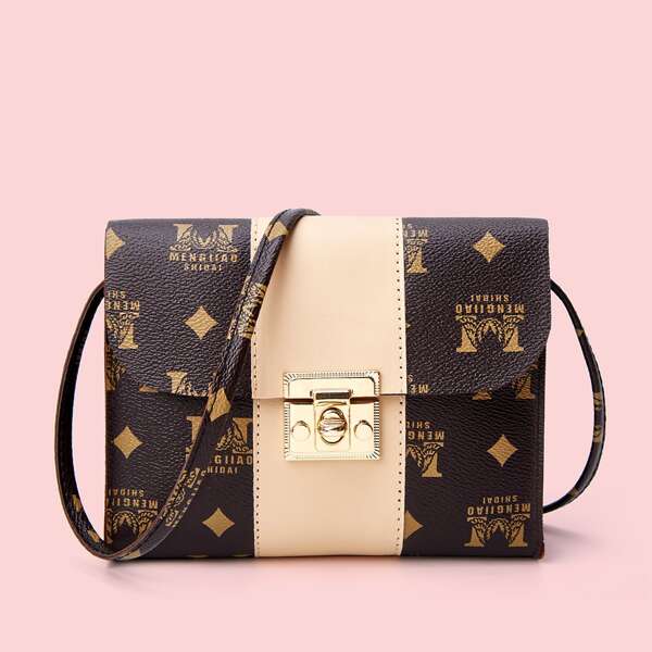 

Letter Graphic Twist Lock Crossbody Bag, Multicolor
