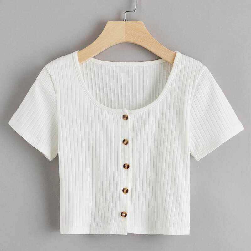 

Solid Button Front Ribbed Tee, White