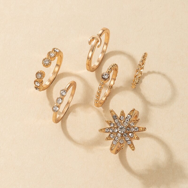 

6pcs Rhinestone Star Ring, Gold