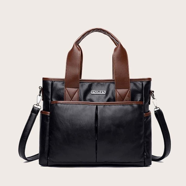 

Metal Letter Decor Top Handle Bag, Black