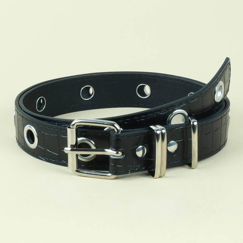 

Croc Embossed Grommet Buckle Belt, Black