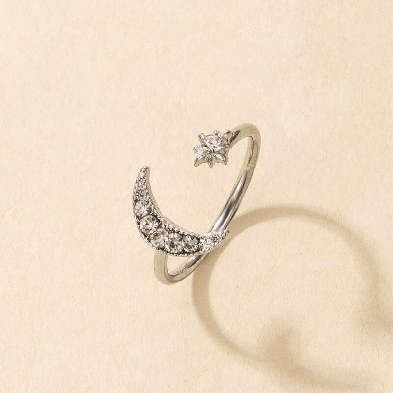 

Rhinestone Moon Cuff Ring, Silver