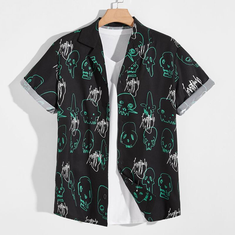 

Guys Skull Print Button Through Shirt, Black