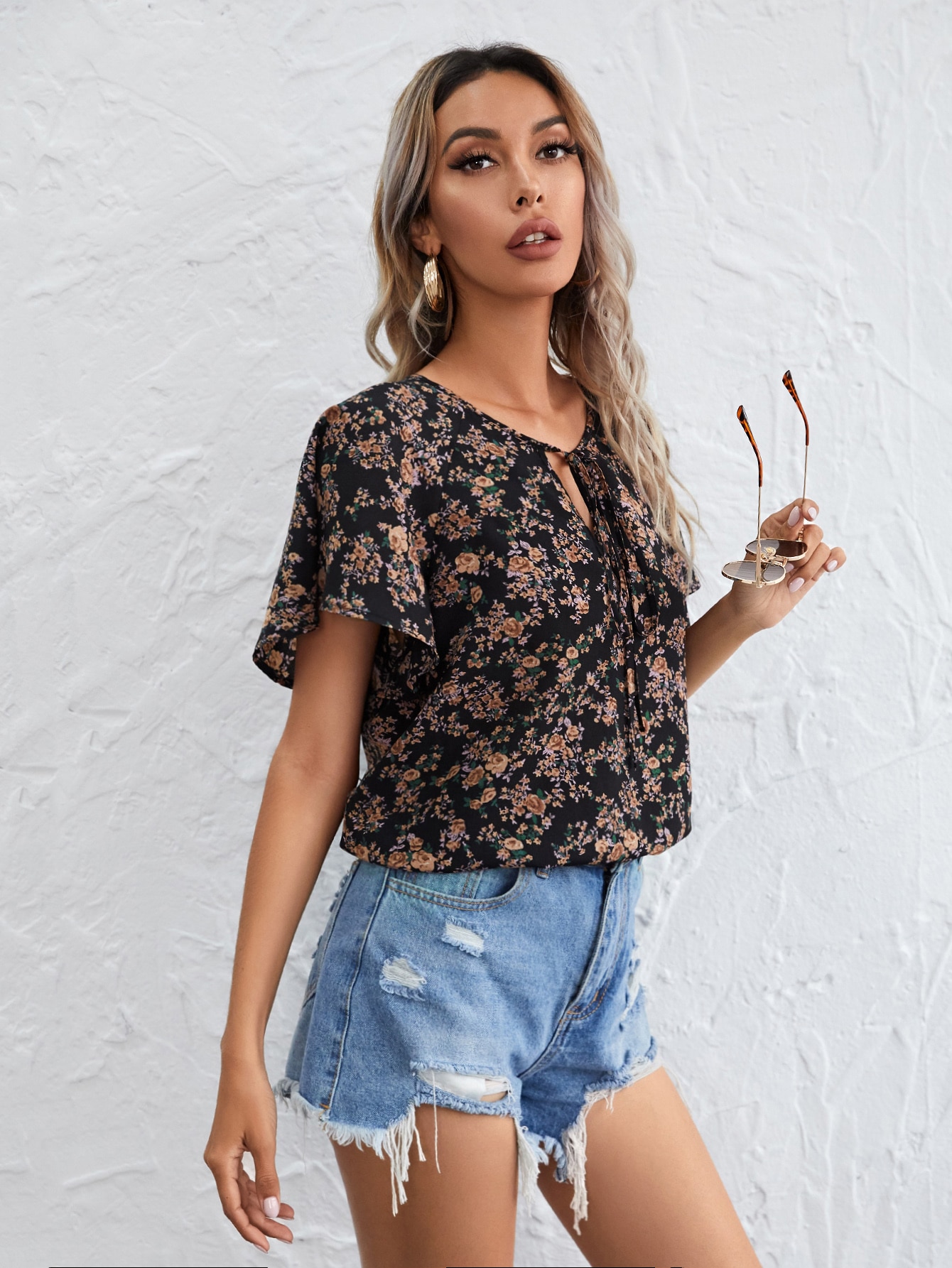 Tie Neck Flutter Sleeve Floral Top thumbnail