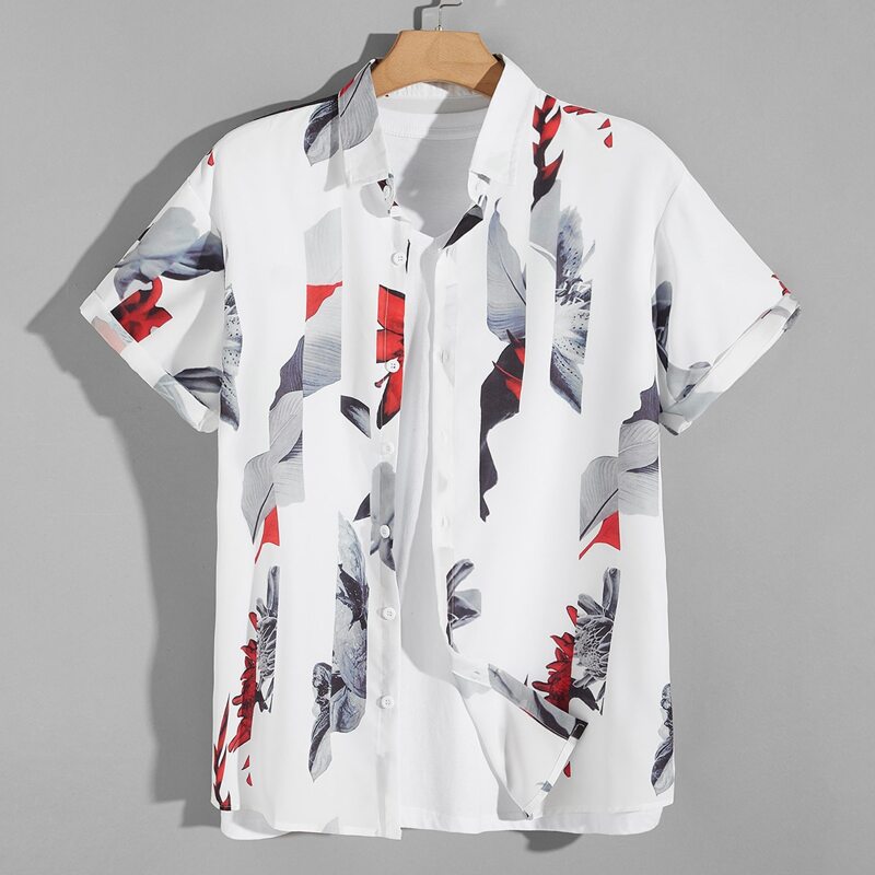 

Guys Flower Print Button Through Shirt, White