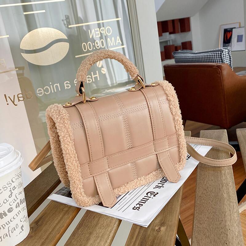 

Fluffy Trim Satchel Bag, Khaki