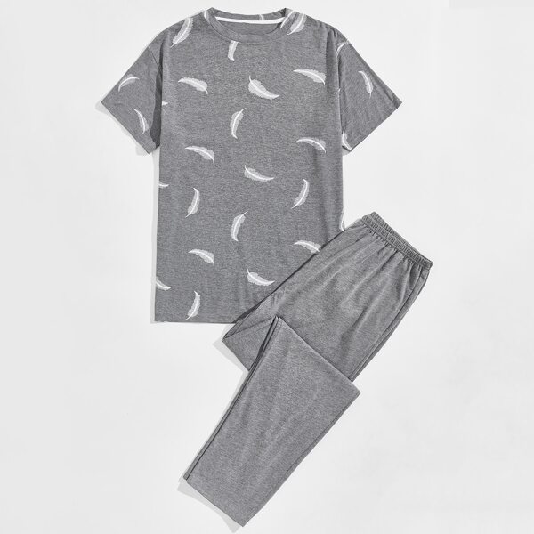 

Men Feather Print Pajama Set, Grey