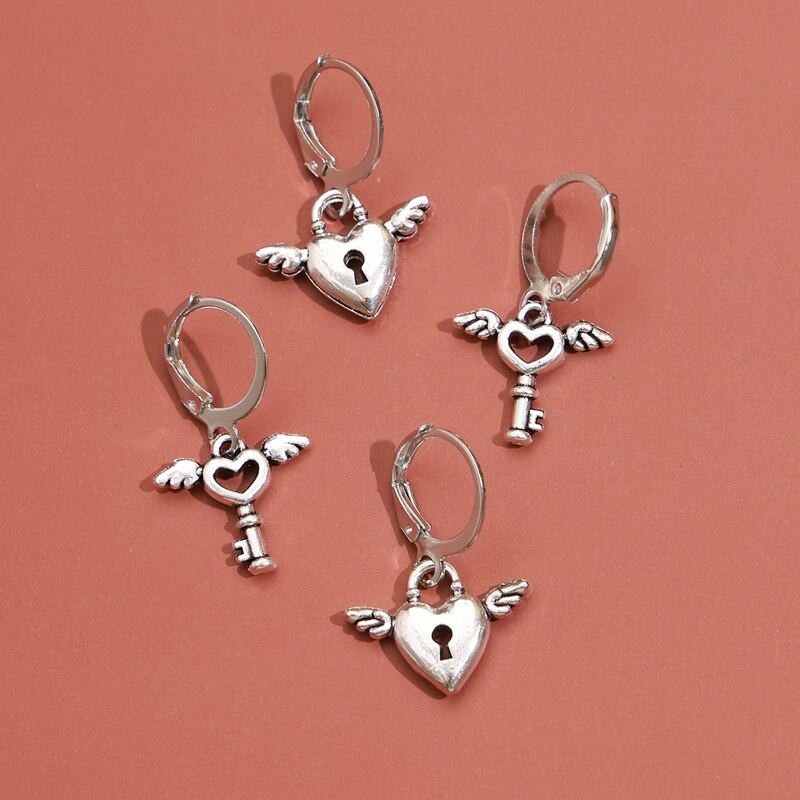 

2pairs Heart Lock Drop Earrings, Antique silver