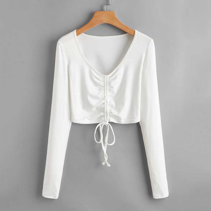 

Solid Drawstring Crop Tee, White