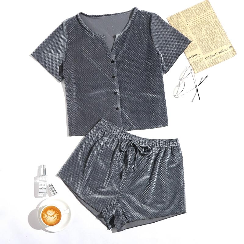 

Solid Button Up PJ Set, Dark grey