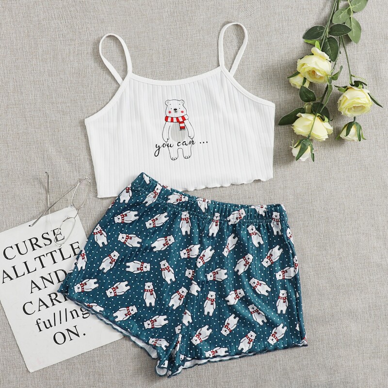

Cartoon Bear Print Cami PJ Set, Blue and white