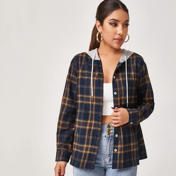 

Contrast Hooded Plaid Coat, Multicolor