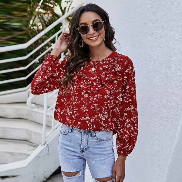 

Floral Ruffle Trim Top, Red