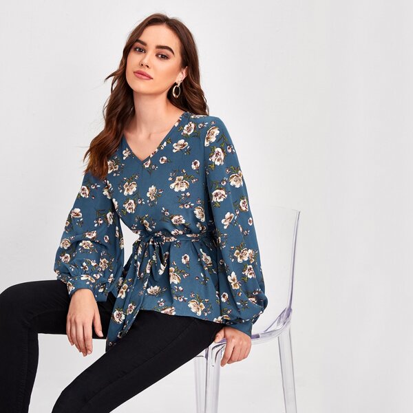 

V-neck Bishop Sleeve Self Belted Floral Top, Multicolor