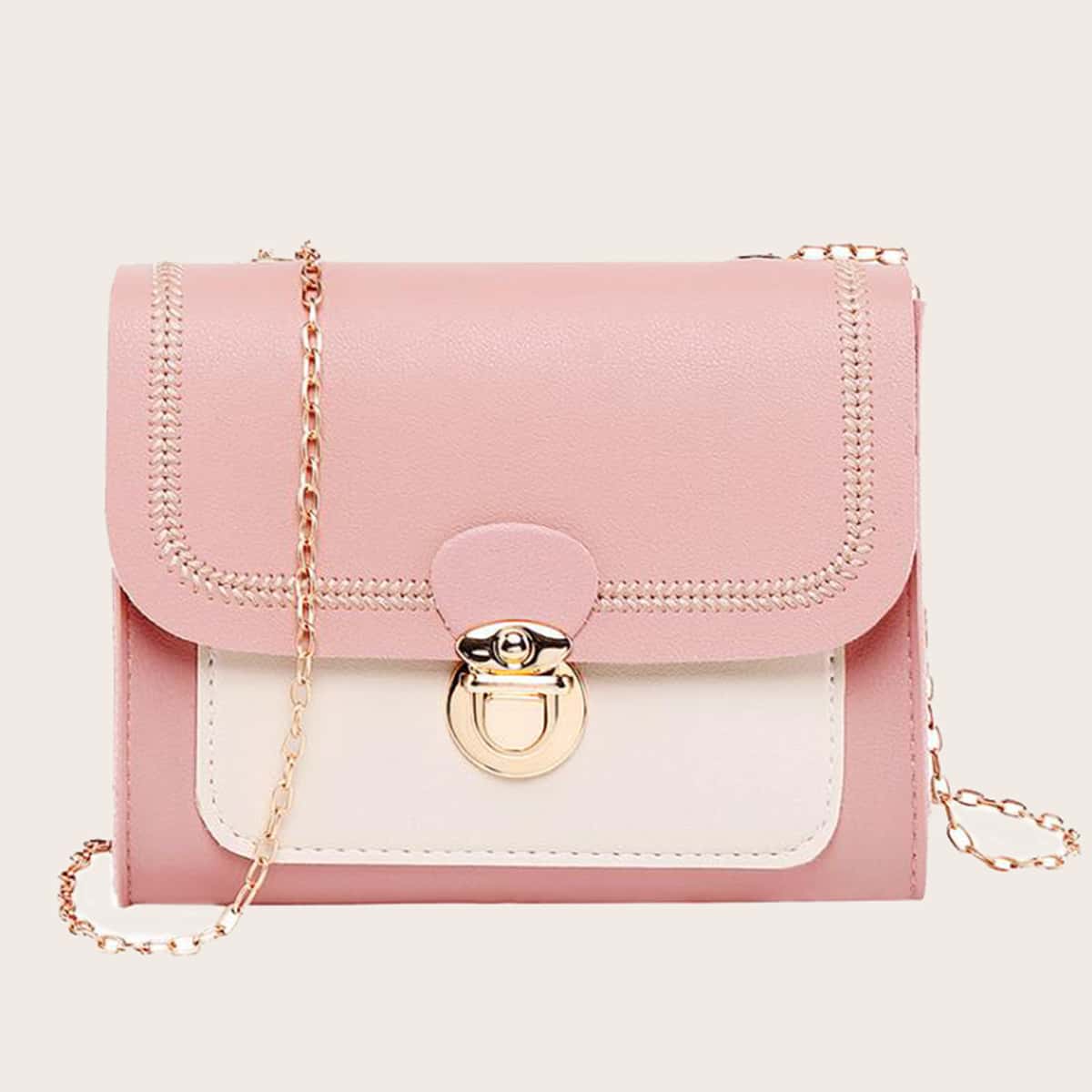 

Colorblock Flap Chain Bag, Pink