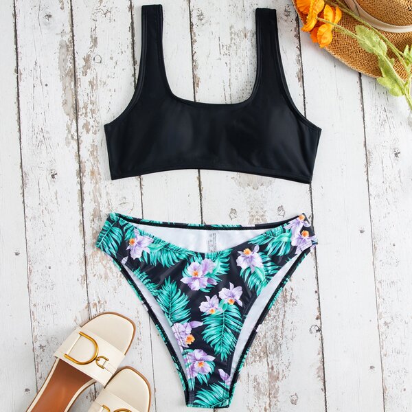 

Random Tropical Print Bikini Swimsuit, Multicolor