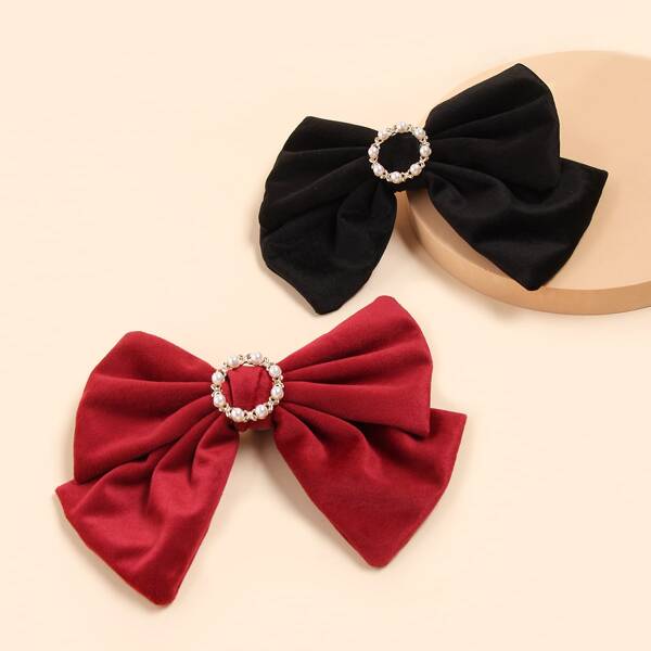

2pcs Faux Pearl Round Decor Bow Knot Hair Clip, Multicolor