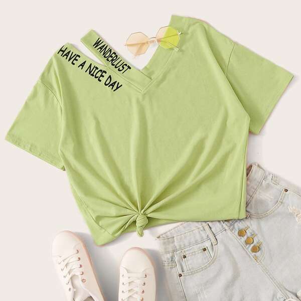 

Asymmetrical Neck Letter Print Tee, Lime green