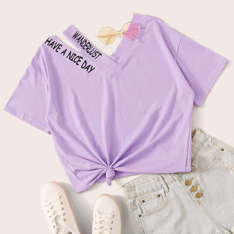 

Asymmetrical Neck Letter Print Tee, Lilac purple