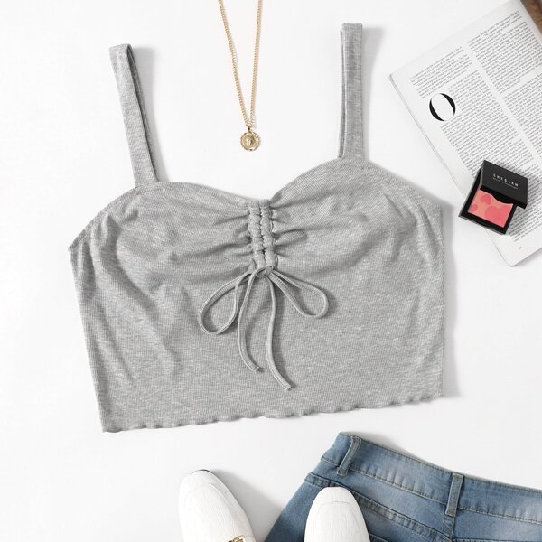 

Plus Drawstring Front Lettuce Trim Cami Top, Grey
