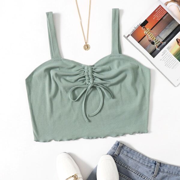 

Plus Drawstring Front Lettuce Trim Cami Top, Mint green